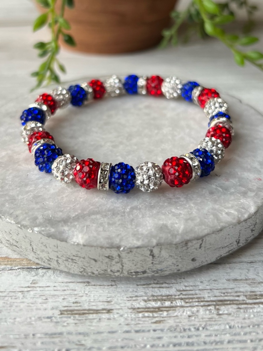 Sparkling Red, White & Blue Crystal Bead Bracelet 7 inch Patriotic Bracelet - Picture 8 of 8
